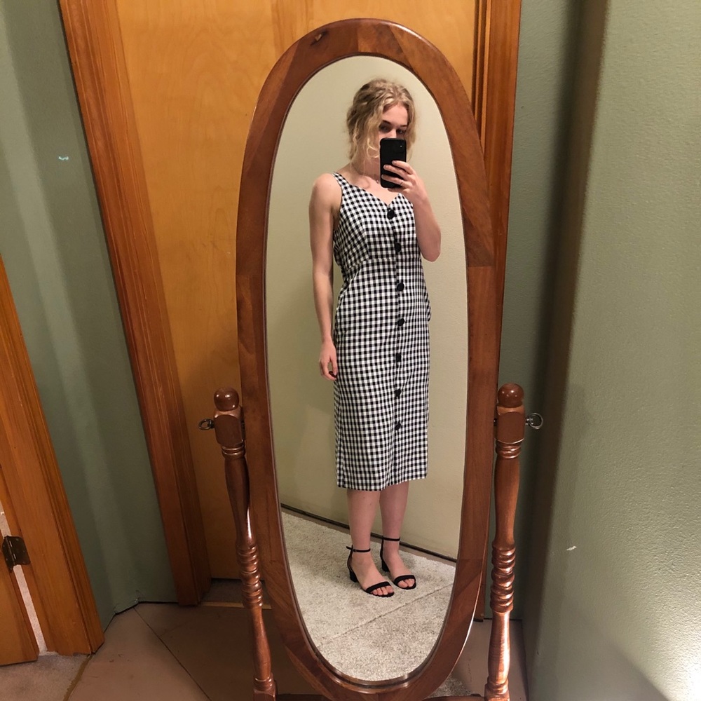 Checkered back and white dress